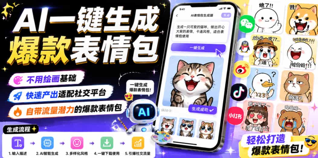 AI一键生成爆款表情包,不用绘画基础,快速产出适配社交平台,自带流量潜力的爆款表情包