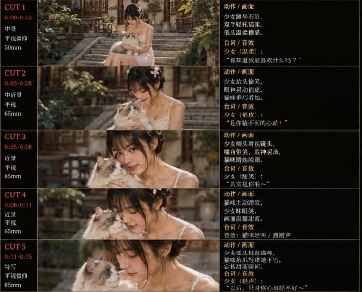 美女和猫故事提示词,人物一致性提示词+故事板