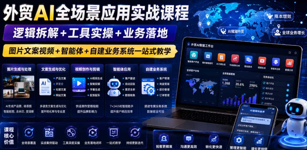 外贸AI全场景应用实战课程|逻辑拆解+工具实操+业务落地,图片文案视频+智能体+自建业务系统一站式教学