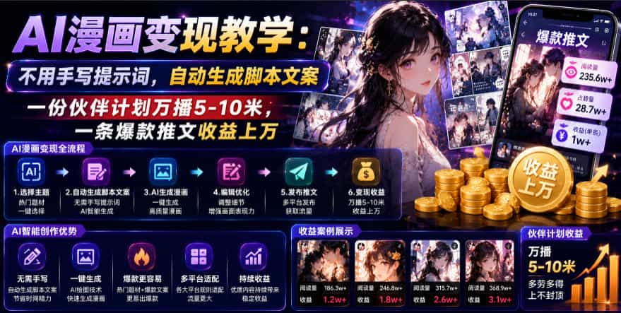 AI漫画变现教学:不用手写提示词,自动生成脚本文案,一份伙伴计划万播5-10米,一条爆款推文收益上W