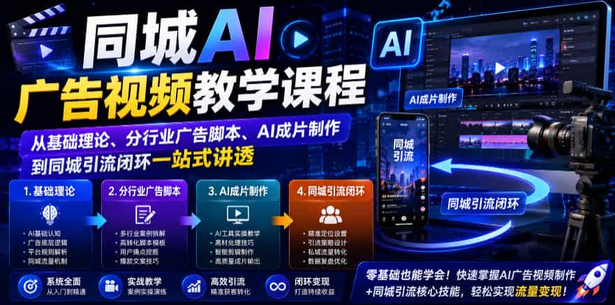 同城AI广告视频教学课程,从基础理论、分行业广告脚本、AI成片制作到同城引流闭环一站式讲透