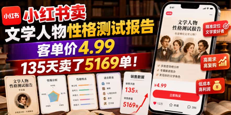 小红书卖文学人物性格测试报告,客单价4.99,135天卖了5169单!