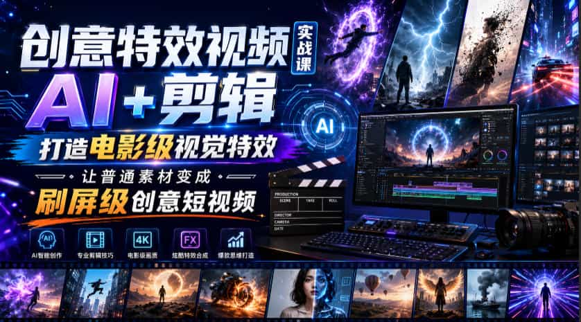 创意特效视频实战课,AI+剪辑打造电影级视觉特效,让普通素材变成刷屏级创意短视频