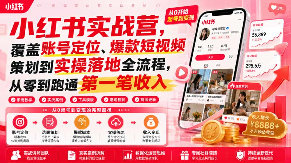 小红书实战营,覆盖账号定位、爆款短视频策划到实操落地全流程,从零到跑通第一笔收入