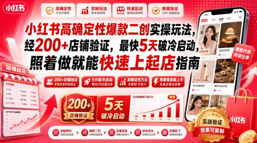 小红书高确定性爆款二创实操玩法,经200+店铺验证,最快5天破冷启动,照着做就能快速上起店指南