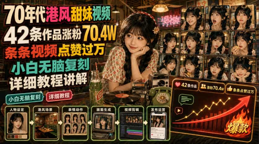 70年代港风甜妹视频,42条作品涨粉70.4W,条条视频点赞过万,小白无脑复刻,详细教程讲解