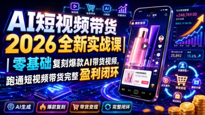 AI短视频带货2026全新实战课|零基础复刻爆款AI带货视频,跑通短视频带货完整盈利闭环