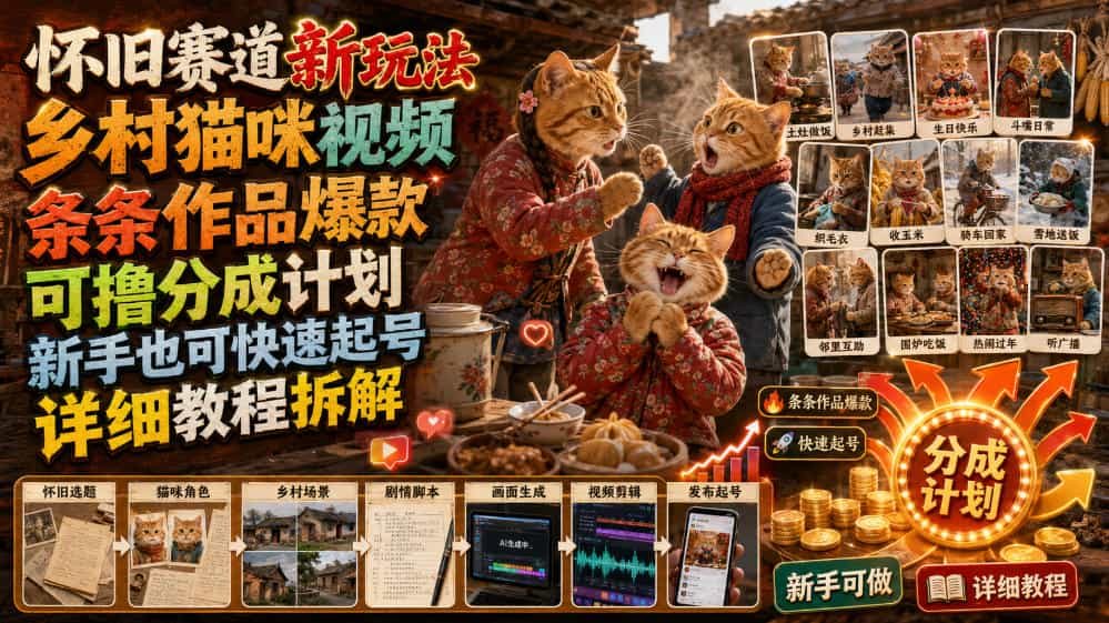 怀旧赛道新玩法,乡村猫咪视频,条条作品爆款,可撸分成计划,新手也可快速起号,详细教程拆解