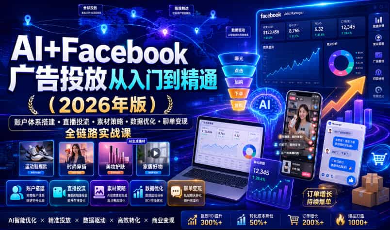 AI+Facebook广告投放从入门到精通(2026年版)|账户体系搭建・直播投流・素材策略・数据优化・聊单变现全链路实战课