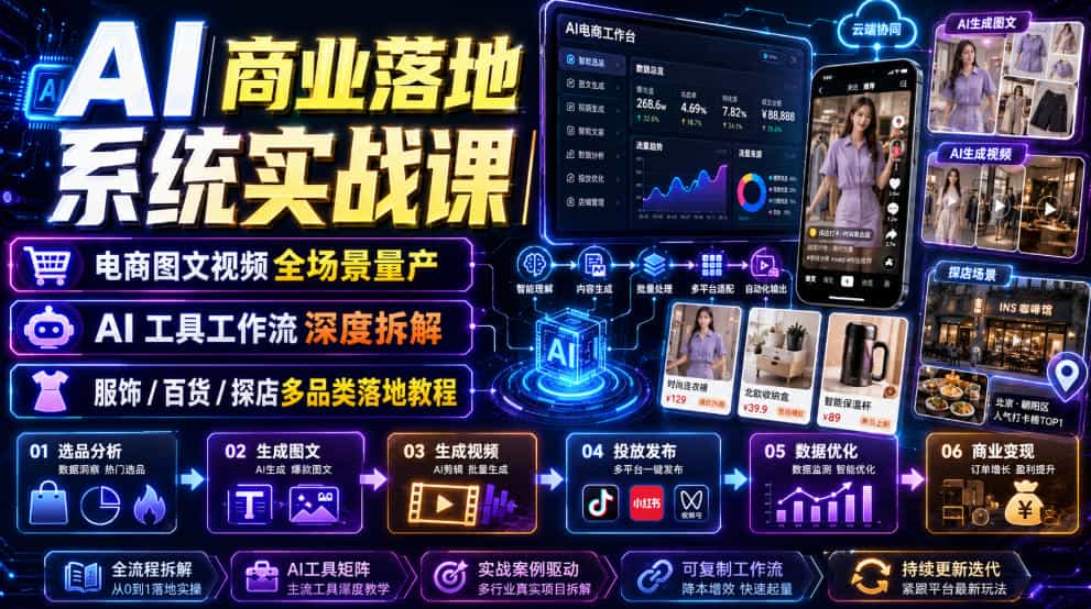 AI商业落地系统实战课|电商图文视频全场景量产・AI工具工作流深度拆解・服饰/百货/探店多品类落地教程