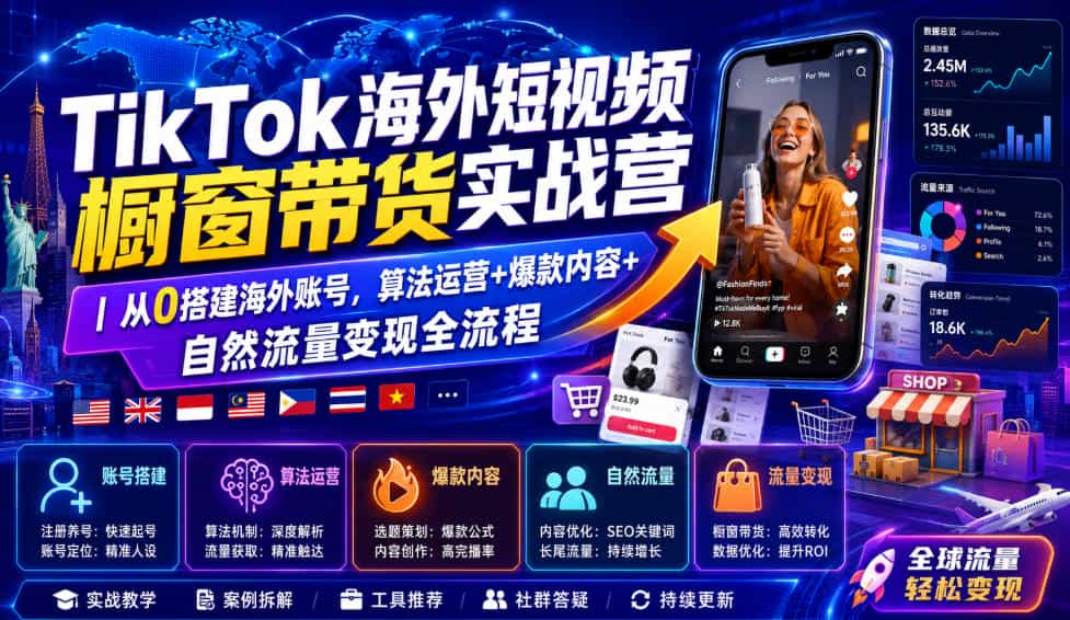 TikTok海外短视频橱窗带货实战营|从0搭建海外账号,算法运营+爆款内容+自然流量变现全流程