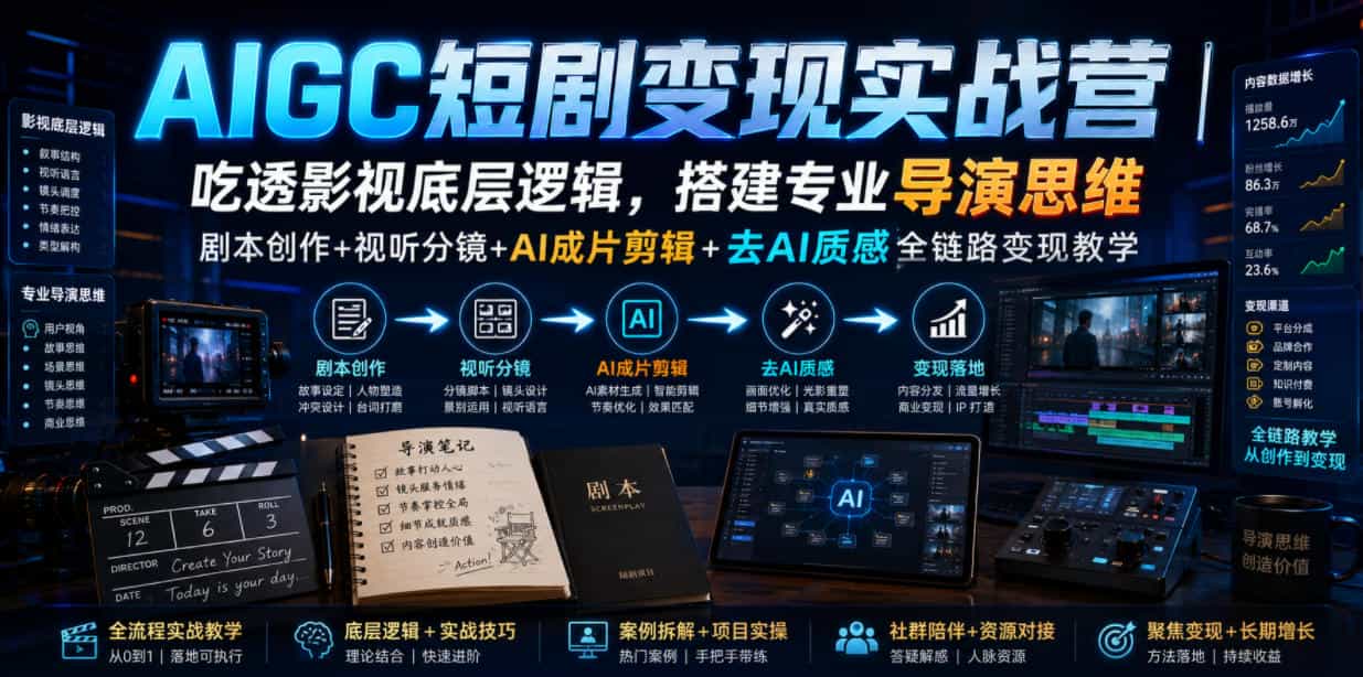 AIGC短剧变现实战营|吃透影视底层逻辑,搭建专业导演思维,剧本创作+视听分镜+AI成片剪辑+去AI质感全链路变现教学