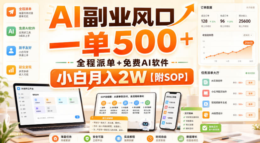 AI副业风口,一单500+,全程派单+免费AI软件,小白月入2W【附SOP】【揭秘】