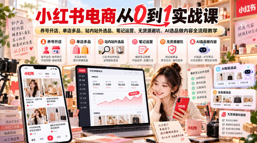 小红书电商从0到1实战课|养号开店、单店多品、站内站外选品、笔记运营、无货源避坑、AI选品做内容全流程教学