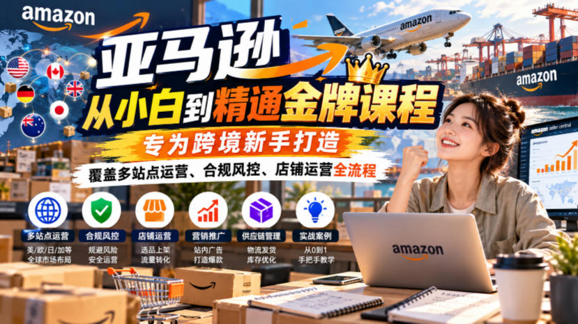 亚马逊从小白到精通金牌课程,专为跨境新手打造,覆盖多站点运营、合规风控、店铺运营全流程
