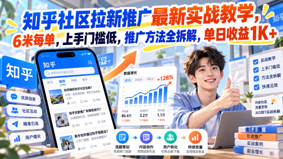 知乎社区拉新推广最新实战教学,6米每单,上手门槛低,推广方法全拆解,单日收益1K+!(更新1015)