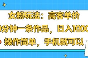 女粉玩法：高客单价，10分钟一条作品，日入1k+操作简单，手机就可以
