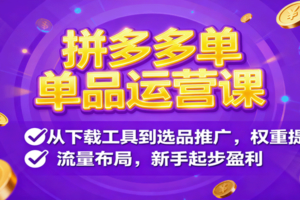 拼多多单品运营课，从下载工具到选品推广，权重提升、流量布局，新手起步盈利