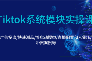 Tiktok系统模块实操课：广告投流/快速测品/冷启动爆单/直播配置和人货场/带货案例等