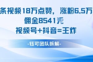一条视频18W点赞,涨粉6.5W粉佣金8541米,视频号+抖音=王炸
