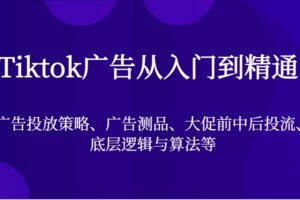 Tiktok广告从入门到精通，广告投放策略、广告测品、大促前中后投流、底层逻辑与算法等