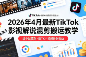 26年4月最新TikTok影视解说混剪搬运教学，过中过原创，撸TK中视频计划收益