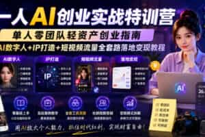 一人AI创业实战特训营，单人零团队轻资产创业指南，AI数字人+IP打造+短视频流量全套路落地变现教程