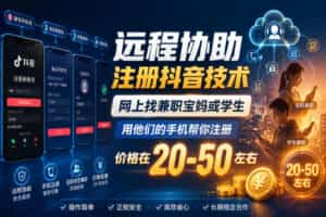 远程协助注册抖音技术，网上找兼职宝妈或学生，用他们的手机帮你注册，价格在20-50左右，具体操作流程