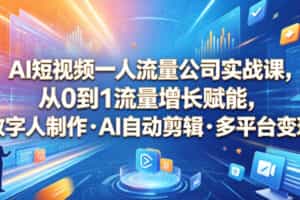 AI短视频一人流量公司实战课，从0到1流量增长赋能，数字人制作・AI自动剪辑・多平台变现，一人做流量生意全落地教程