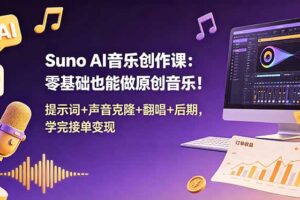 (18945期) Suno AI音乐创作课:零基础也能做原创音乐!提示词+声音克隆+翻唱+后期,学完接单变现