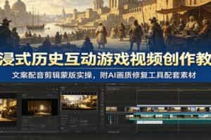 沉浸式历史互动游戏视频创作教学：文案配音剪辑蒙版实操，附AI画质修复工具配套素材