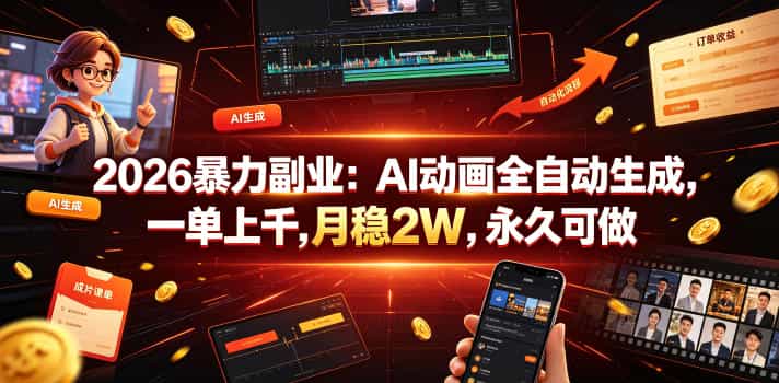 2026暴力副业：AI动画全自动生成，一单上千，月稳2W，永久可做【揭秘】