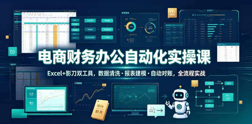 电商财务办公自动化实操课，Excel+影刀双工具，数据清洗・报表建模・自动对账，全流程实战