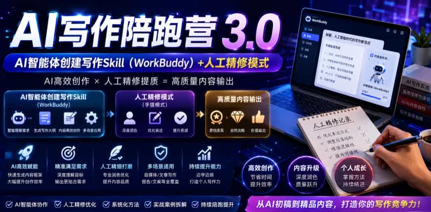 AI写作陪跑营3.0，Ai智能体创建写作skill（workbuddy）+人工手写模式（手搓模式），去除AI痕迹（头条号、公众号、百家号）