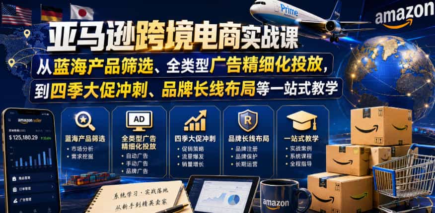 亚马逊跨境电商实战课，从蓝海产品筛选、全类型广告精细化投放，到四季大促冲刺、品牌长线布局等一站式教学（更新6月）