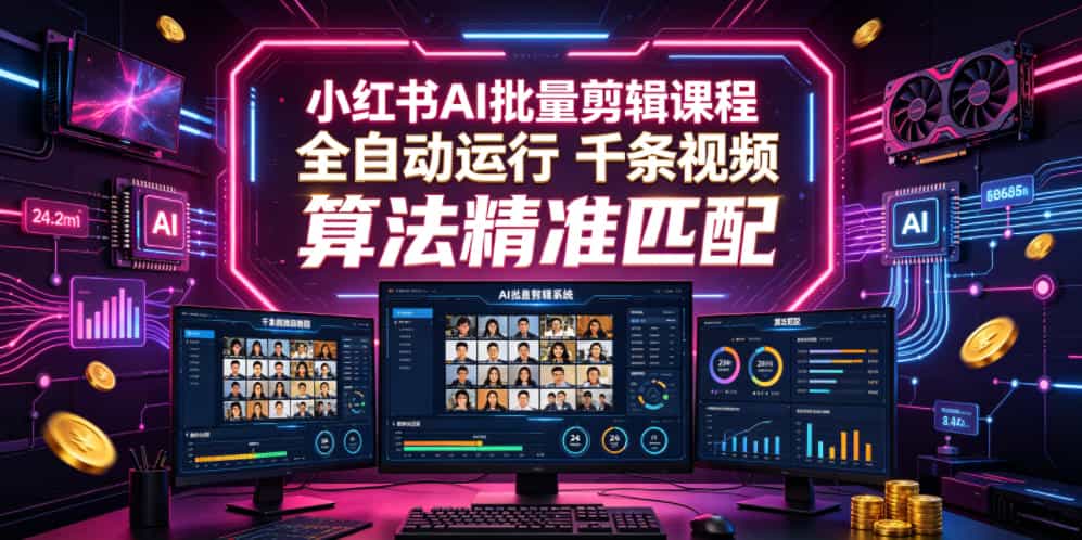 小红书AI批量剪辑课程，24小时全自动运行，解放双手专注运营，千条视频批量处理，小红书算法精准匹配