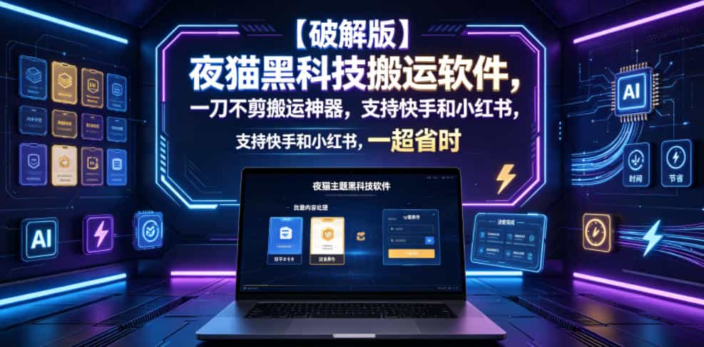 【破解版】夜猫黑科技搬运软件，一刀不剪搬运神器，支持快手和小红书，一键搬运超省时！