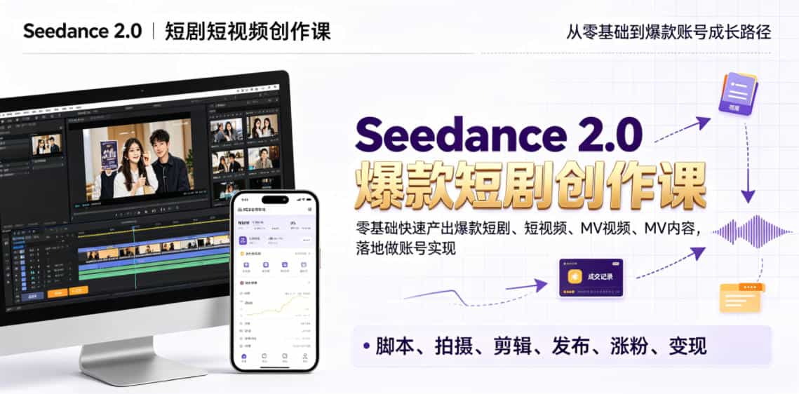 Seedance 2.0短剧短视频创作课，零基础快速产出爆款短剧、短视频、MV内容，落地做账号实现变现