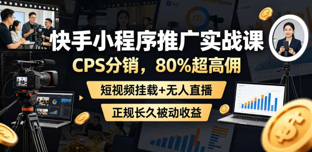 快手小程序推广实战课，CPS分销，80%超高佣，短视频挂载+无人直播，正规长久被动收益