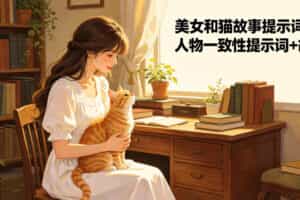 美女和猫故事提示词，人物一致性提示词+故事板