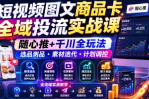 短视频图文商品卡全域投流实战课，随心推+千川全玩法，选品测品・素材迭代・计划调控，提升ROI爆单增收教程