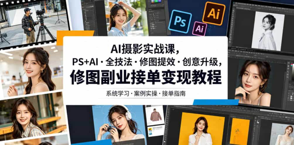 AI摄影实战课，PS+AI・全技法・修图提效・创意升级，修图副业接单变现教程