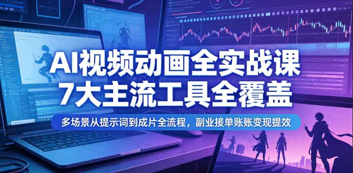 AI视频动画全实战课，7大主流工具全覆盖，多场景从提示词到成片全流程，副业接单账号变现提效
