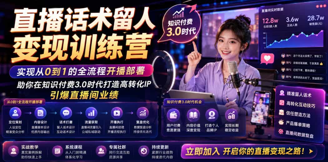 直播话术留人变现训练营，实现从0到1的全流程开播部署，助你在知识付费3.0时代打造高转化IP，引爆直播间业绩