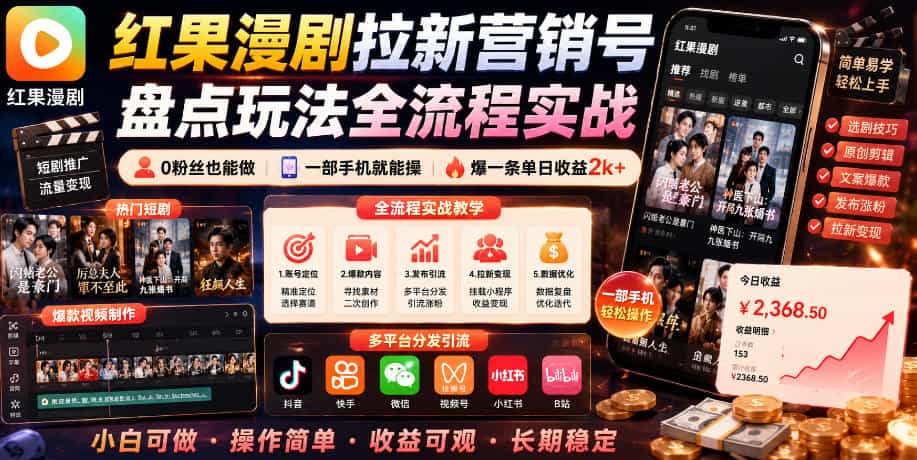 红果漫剧拉新营销号盘点玩法全流程实战，0粉丝也能做，一部手机就能做，爆一条单日收益2k+（更新0628）