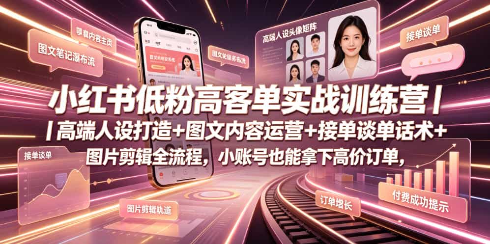 小红书低粉高客单实战训练营｜高端人设打造+图文内容运营+接单谈单话术+图片剪辑全流程，小账号也能拿下高价订单