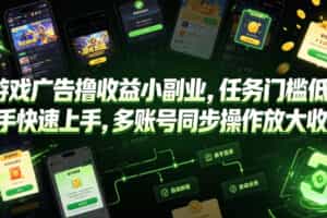 游戏广告撸收益小副业，任务门槛低，新手快速上手，多账号同步操作放大收益