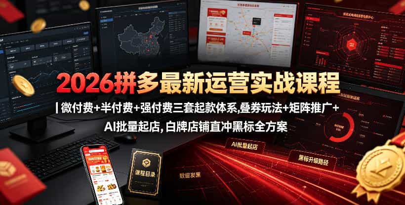 2026拼多多最新运营实战课程｜微付费+半付费+强付费三套起款体系，叠券玩法+矩阵推广+AI批量起店，白牌店铺直冲黑标全方案
