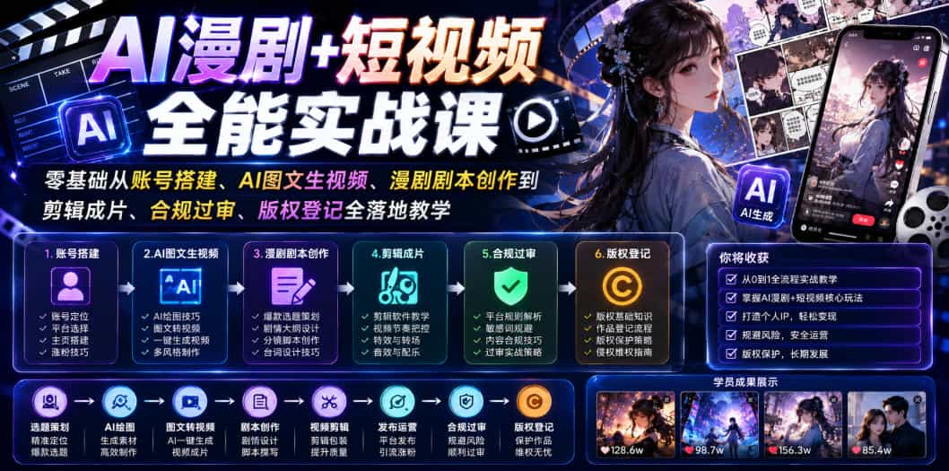 AI漫剧+短视频全能实战课｜零基础从账号搭建、AI图文生视频、漫剧剧本创作到剪辑成片、合规过审、版权登记全落地教学
