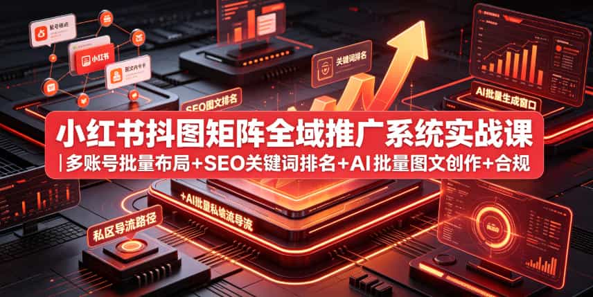 小红书抖图矩阵全域推广系统实战课｜多账号批量布局+SEO关键词排名+AI批量图文创作+合规私域导流完整落地教程